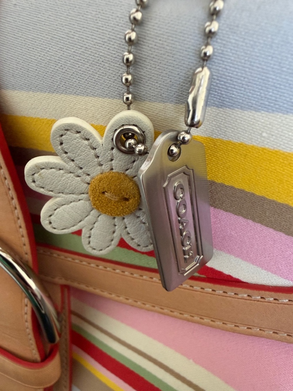 VINTAGE Coach Pink Multi-Stripe Leather-Trim Satchel with Floral Charm(LIKE NEW) - Picture 16 of 16